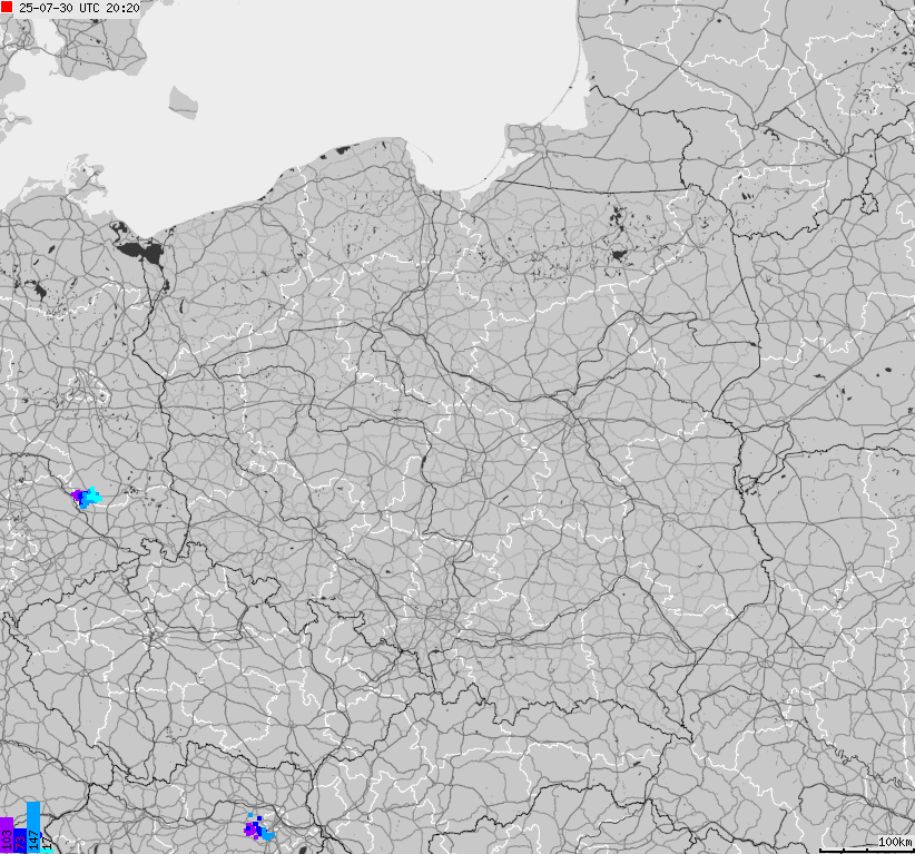 Mapa wyładowań atmosferycznych na obszarze Polski