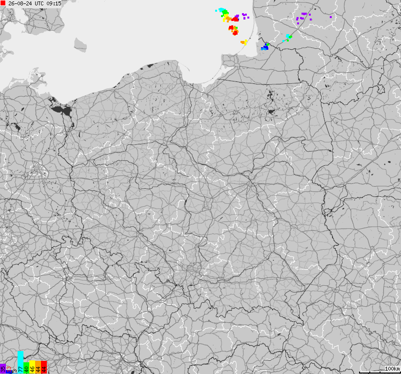 Mapa wyładowań atmosferycznych na obszarze Polski