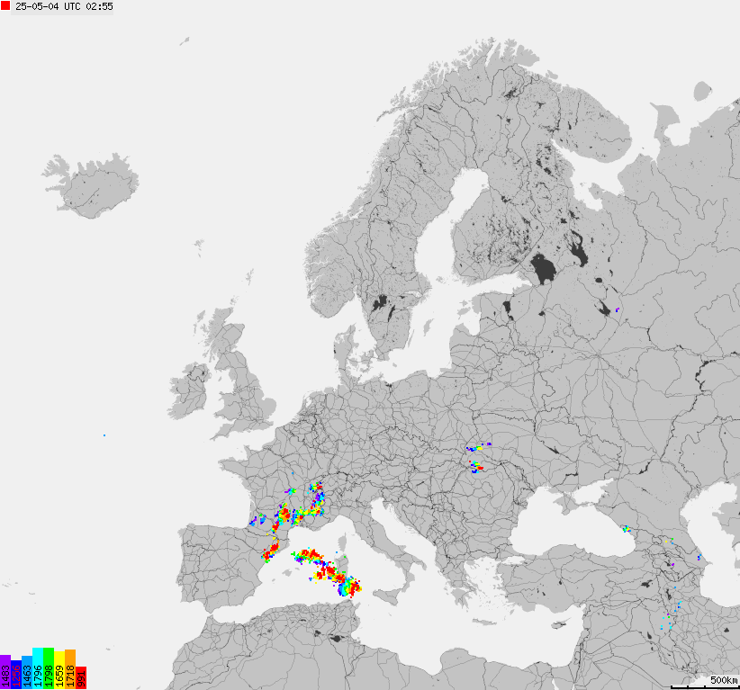 Mapa wyładowań atmosferycznych na obszarze Europy