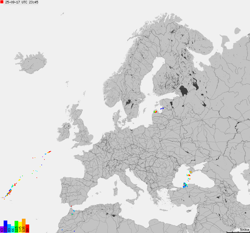 Mapa wyładowań atmosferycznych na obszarze Europy