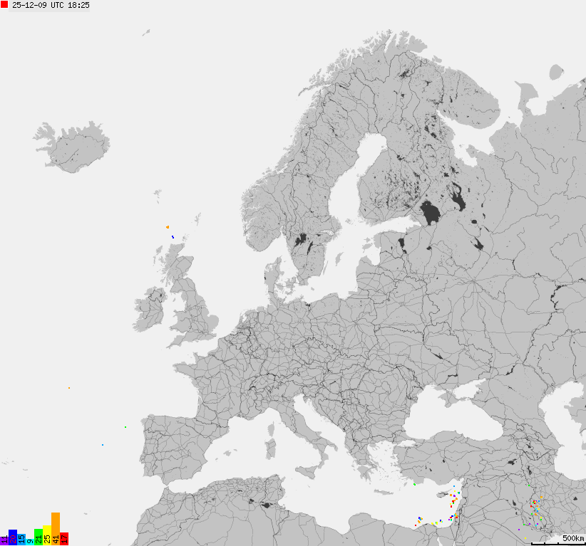 Mapa wyładowań atmosferycznych na obszarze Europy