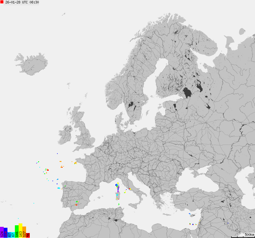 Map of lightnings across Europe