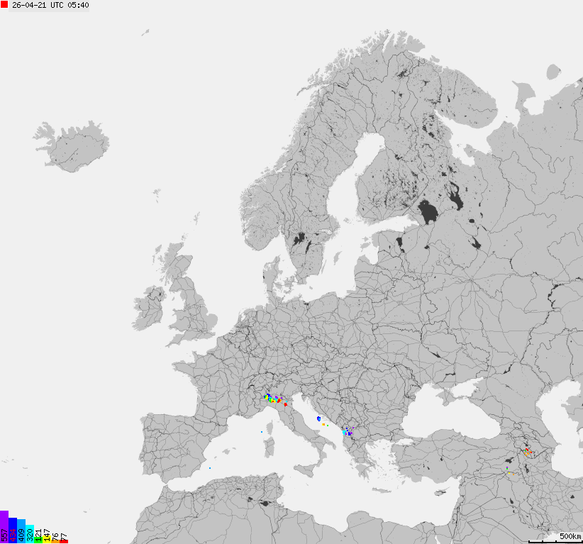 Mapa wyładowań atmosferycznych na obszarze Europy