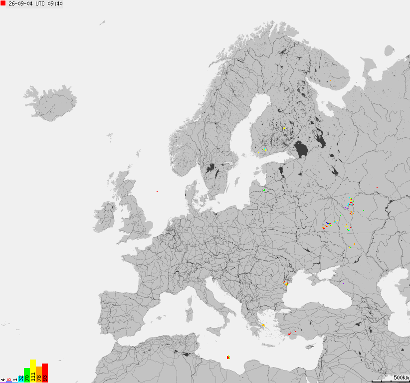 Mapa wyładowań atmosferycznych na obszarze Europy