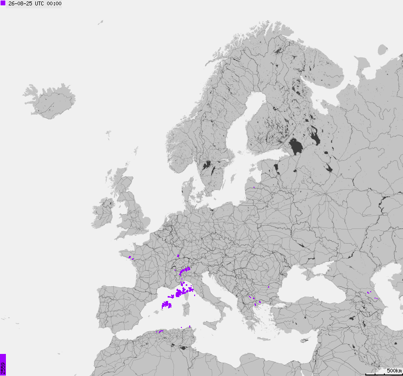 Mapa wyładowań atmosferycznych na obszarze Europy