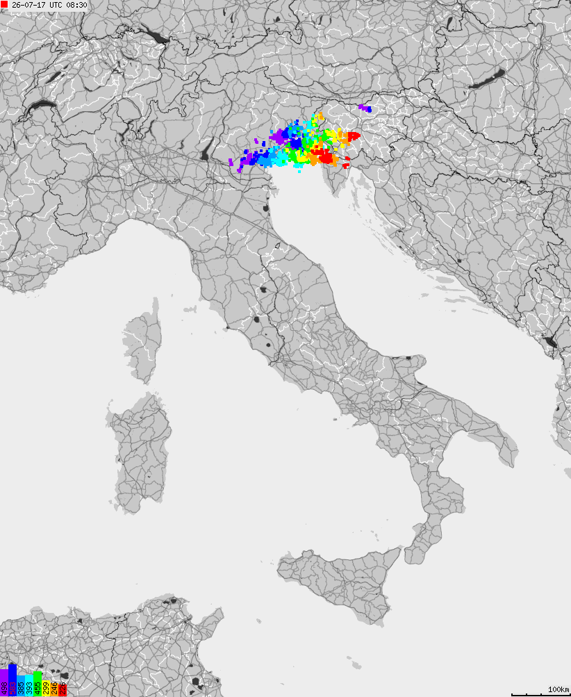 Map of lightnings across Italy