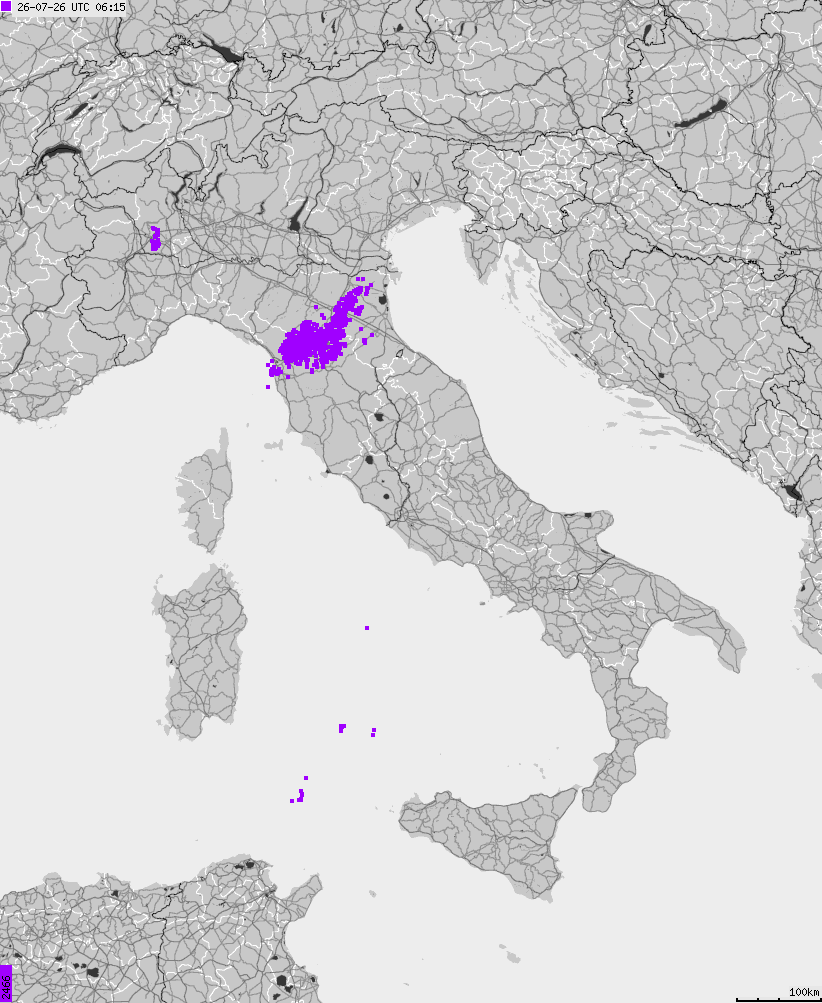 Map of lightnings across Italy