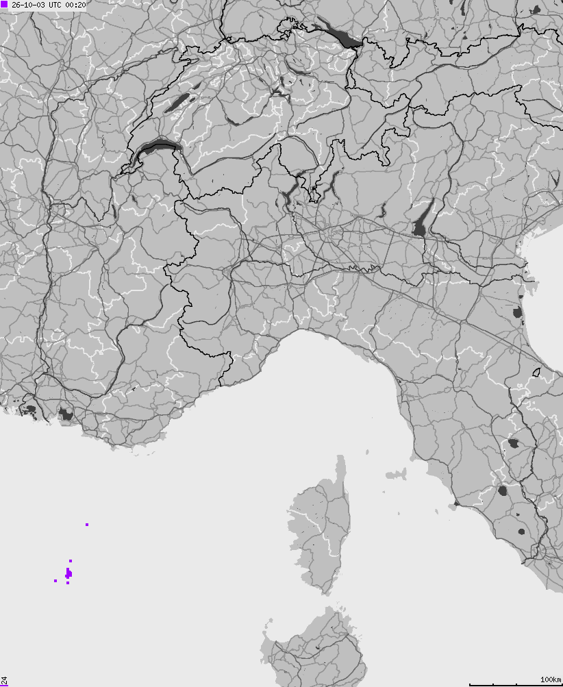 Mapa wyładowań atmosferycznych na obszarze Włoch