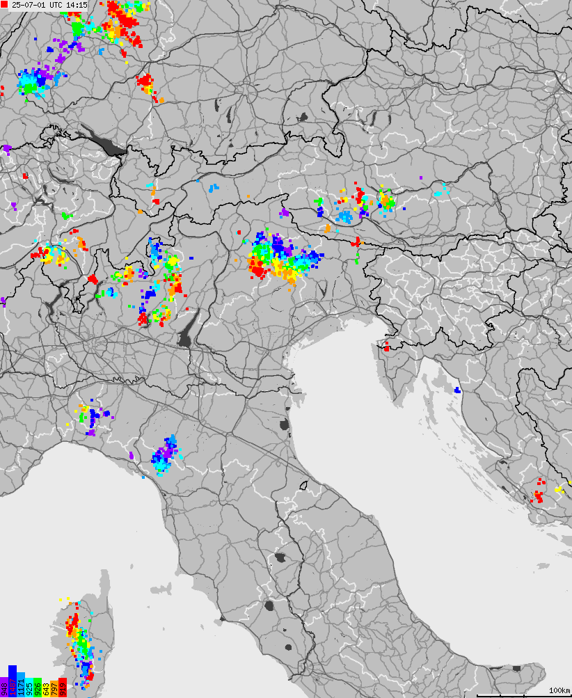 Mapa wyładowań atmosferycznych na obszarze Włoch