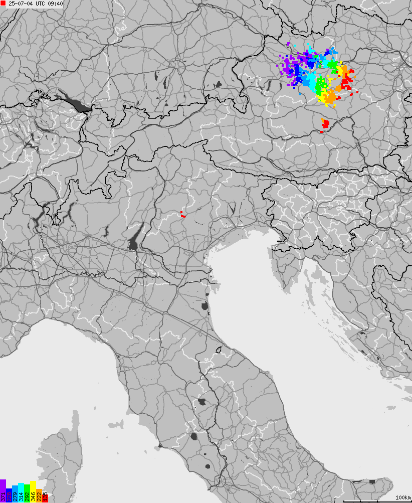 Mapa wyładowań atmosferycznych na obszarze Włoch