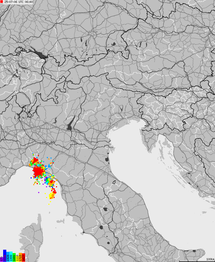 Map of lightnings across Italy