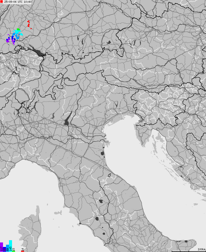 Mapa wyładowań atmosferycznych na obszarze Włoch
