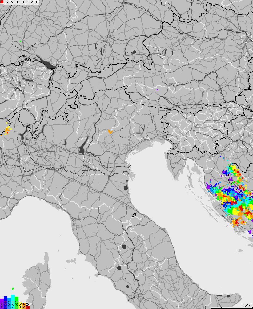 Map of lightnings across Italy