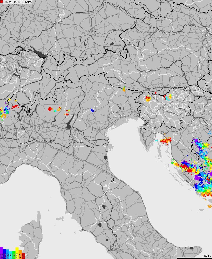 Map of lightnings across Italy