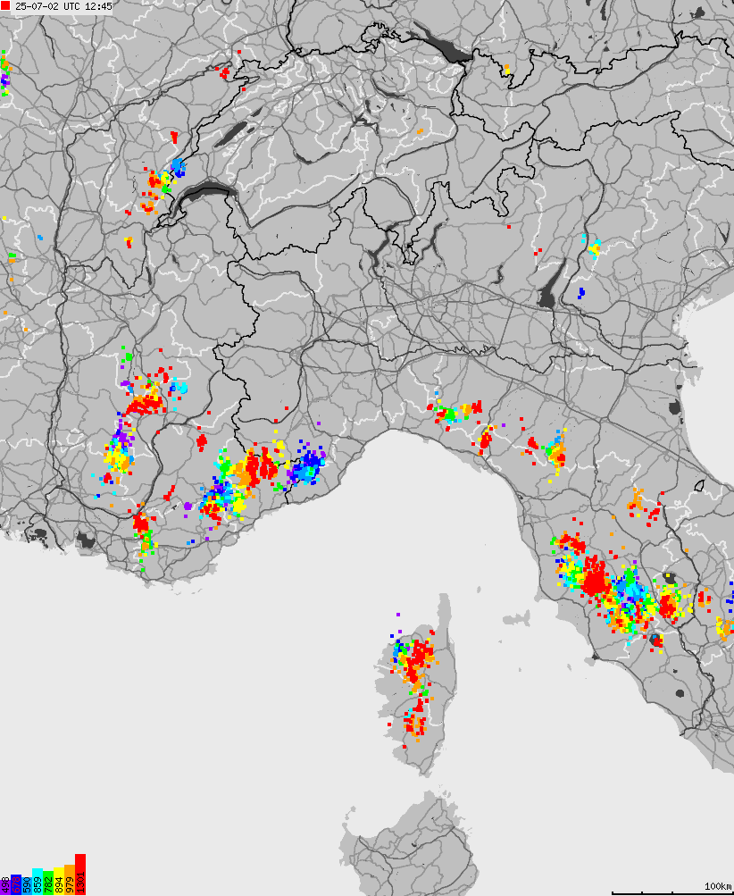 Map of lightnings across Italy