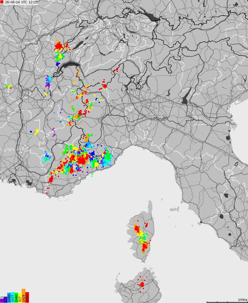 Map of lightnings across Italy