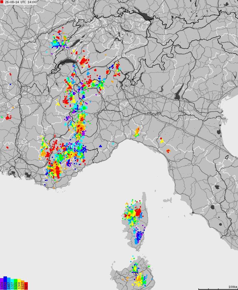 Map of lightnings across Italy