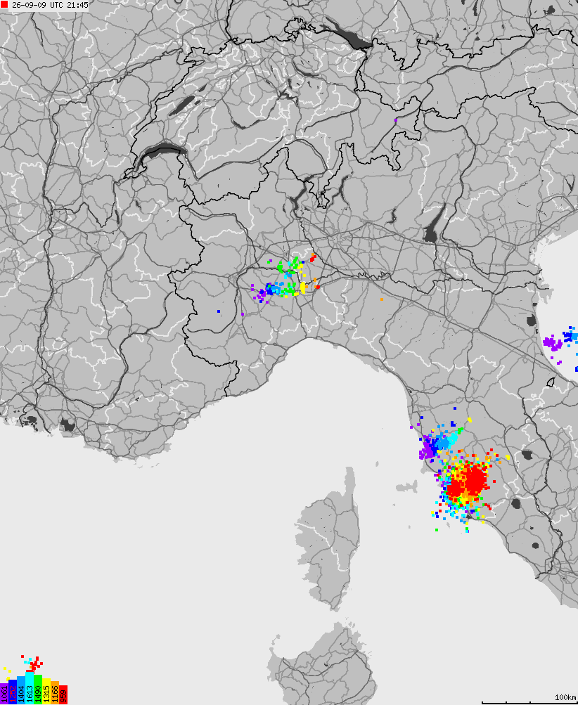 Mapa wyładowań atmosferycznych na obszarze Włoch