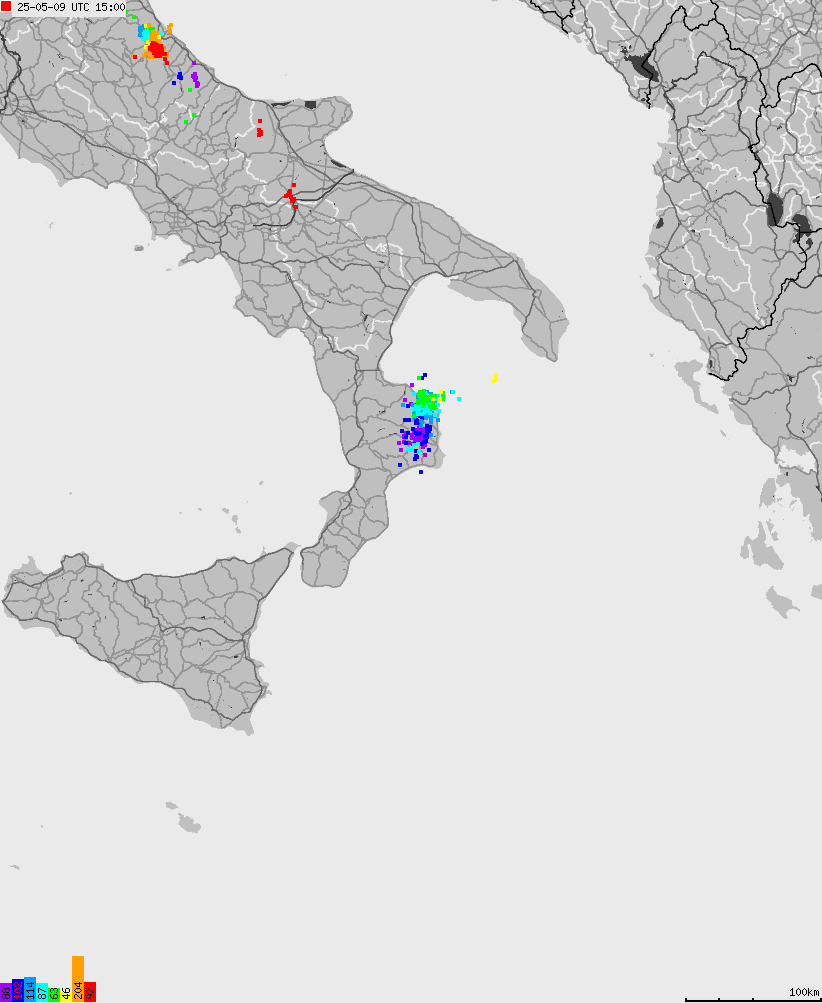 Mapa wyładowań atmosferycznych na obszarze Włoch