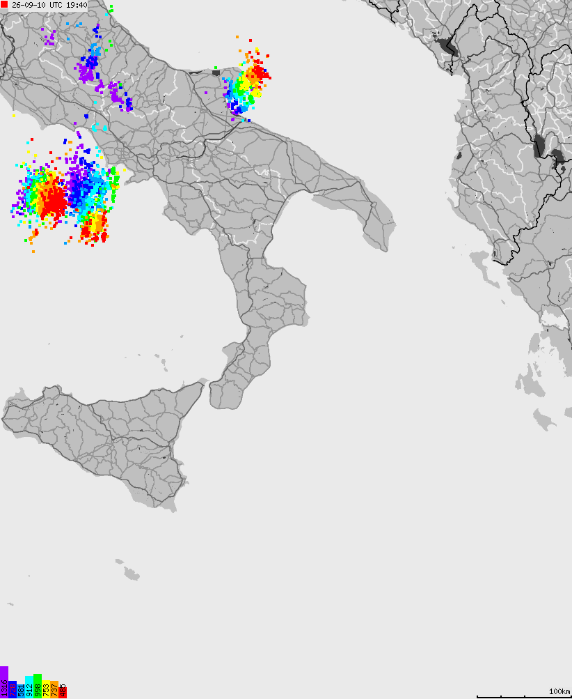 Mapa wyładowań atmosferycznych na obszarze Włoch