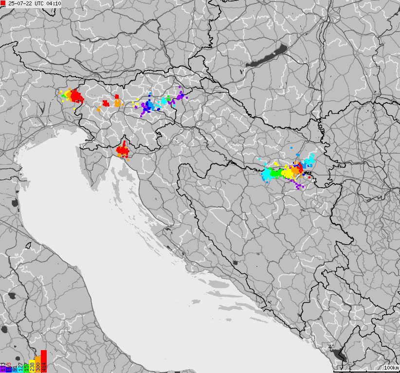 Mapa wyładowań atmosferycznych na obszarze Chorwacji