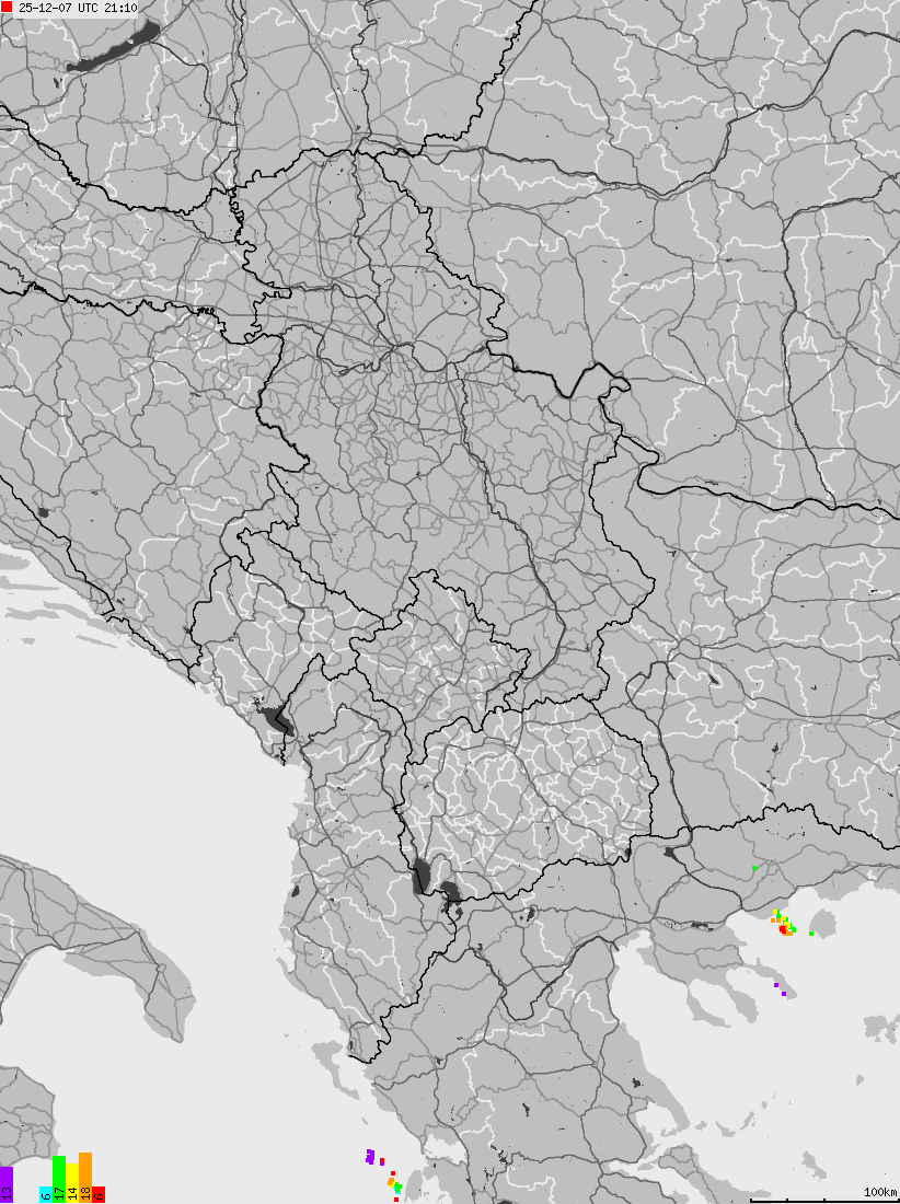 Mapa wyładowań atmosferycznych na obszarze Albanii, Czarnogóry, Kosowa, Macedonii, Serbii
