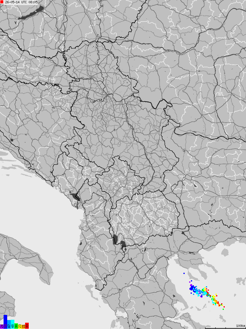 Map of lightnings across Albania, Kosovo, Montenegro, Northern Macedonia, Serbia