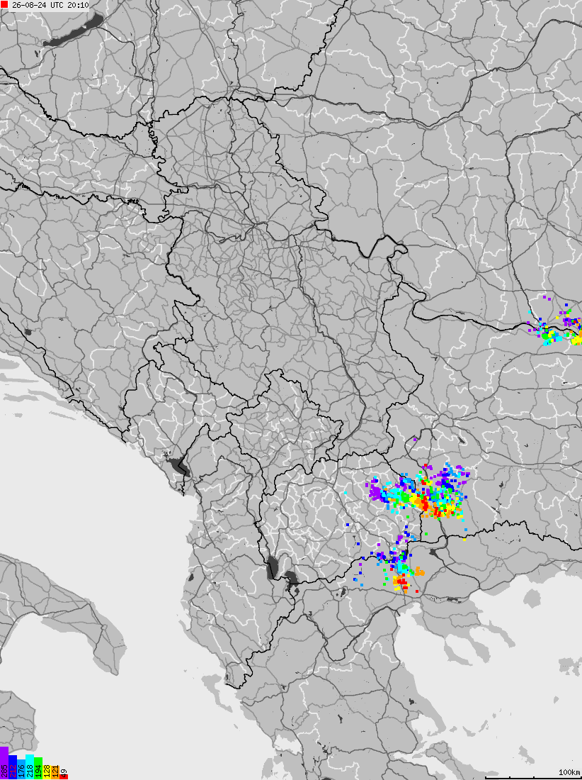 Mapa wyładowań atmosferycznych na obszarze Albanii, Czarnogóry, Kosowa, Macedonii, Serbii