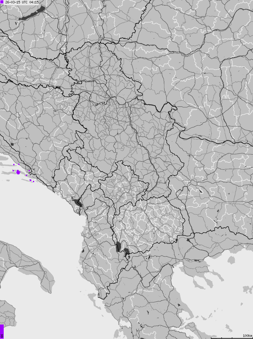 Map of lightnings across Albania, Kosovo, Montenegro, Northern Macedonia, Serbia