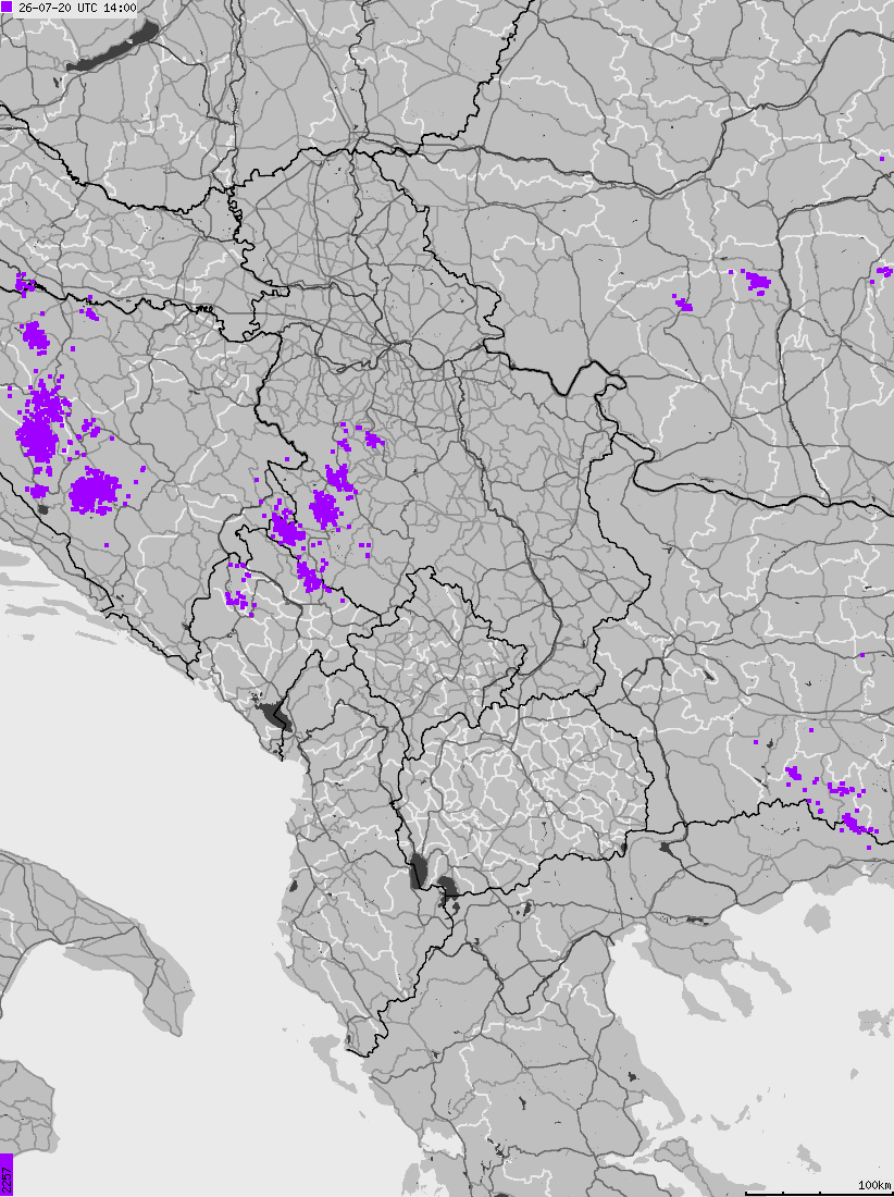 Map of lightnings across Albania, Kosovo, Montenegro, Northern Macedonia, Serbia
