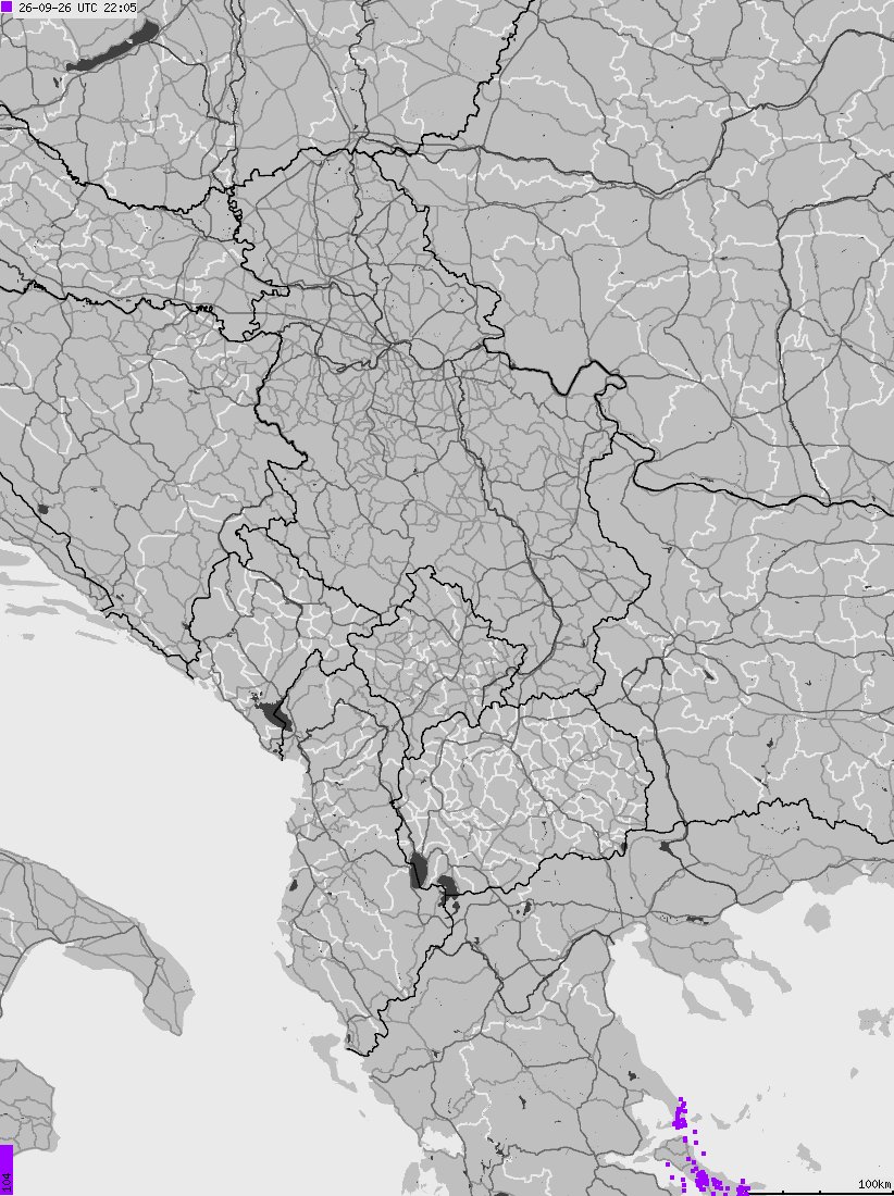 Mapa wyładowań atmosferycznych na obszarze Albanii, Czarnogóry, Kosowa, Macedonii, Serbii