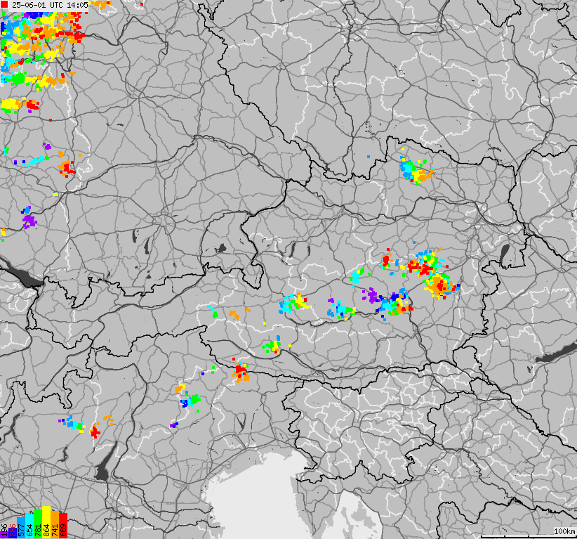 Mapa wyładowań atmosferycznych na obszarze Austrii