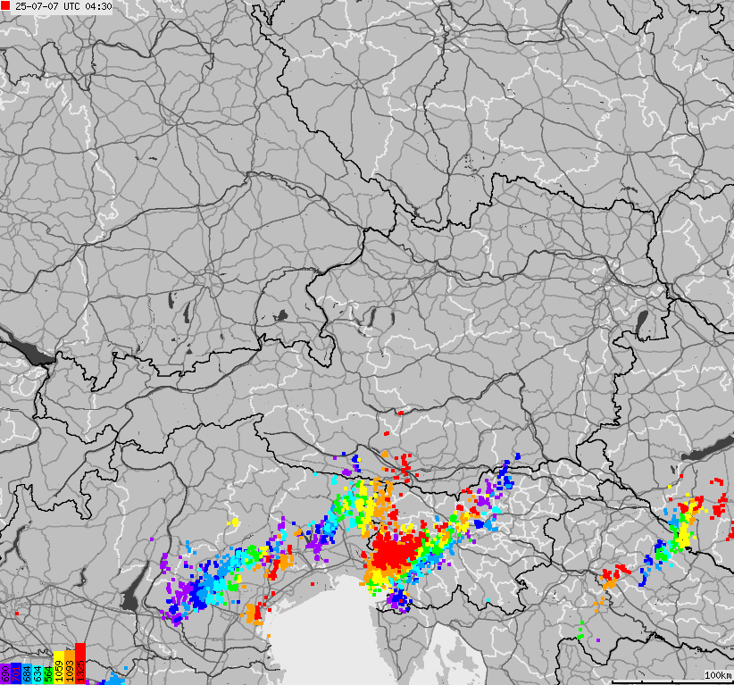 Mapa wyładowań atmosferycznych na obszarze Austrii