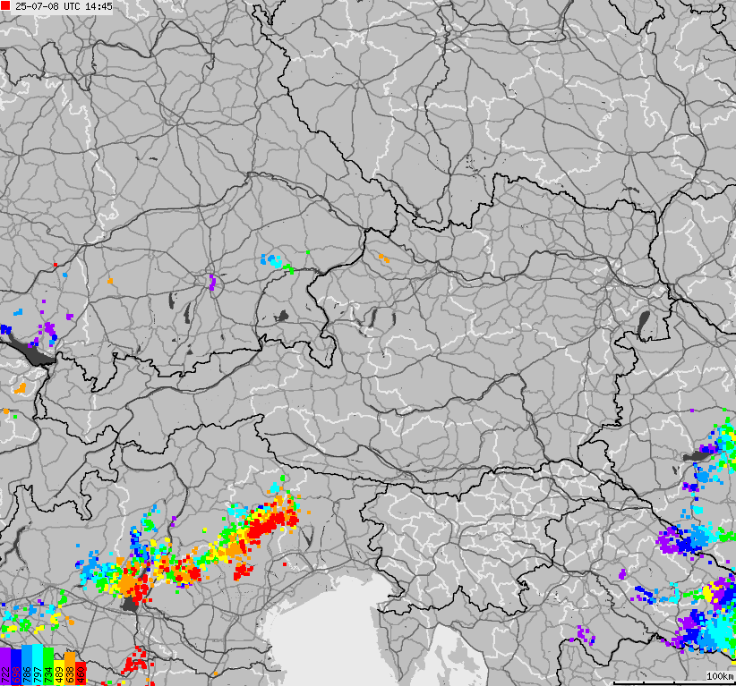 Mapa wyładowań atmosferycznych na obszarze Austrii