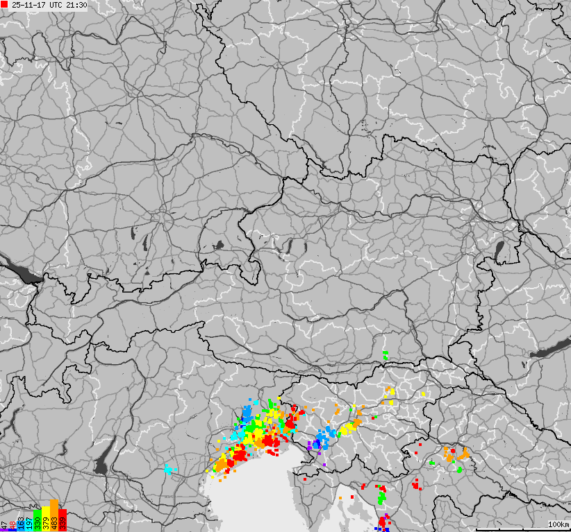 Map of lightnings across Austria