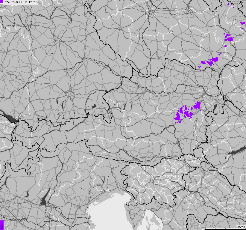 Map of lightnings across Austria