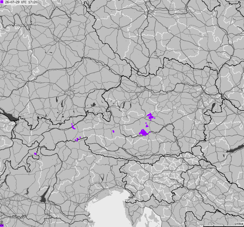 Mapa wyładowań atmosferycznych na obszarze Austrii