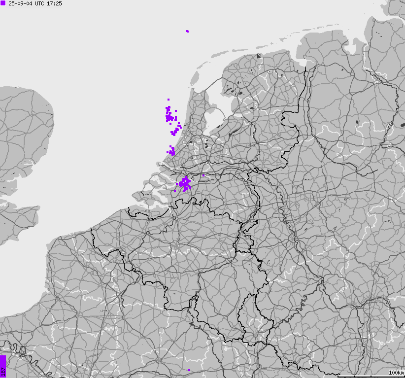 Map of lightnings across Belgium, Luxembourg, Netherlands