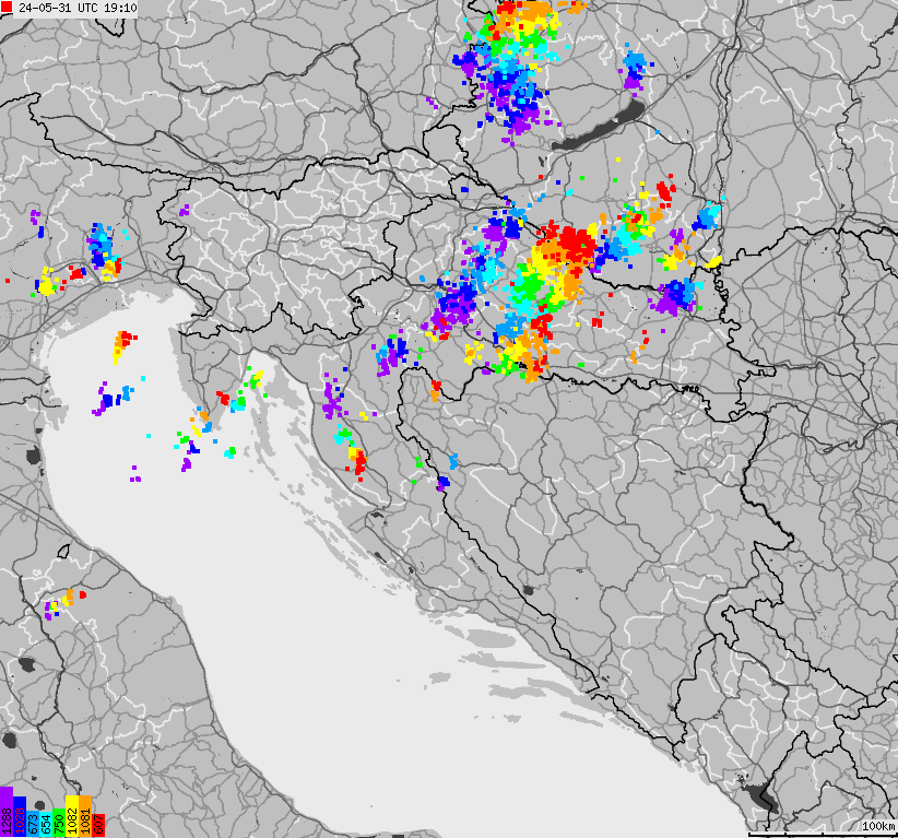 Map of lightnings across Bosnia and Herzegovina, Croatia, Slovenia