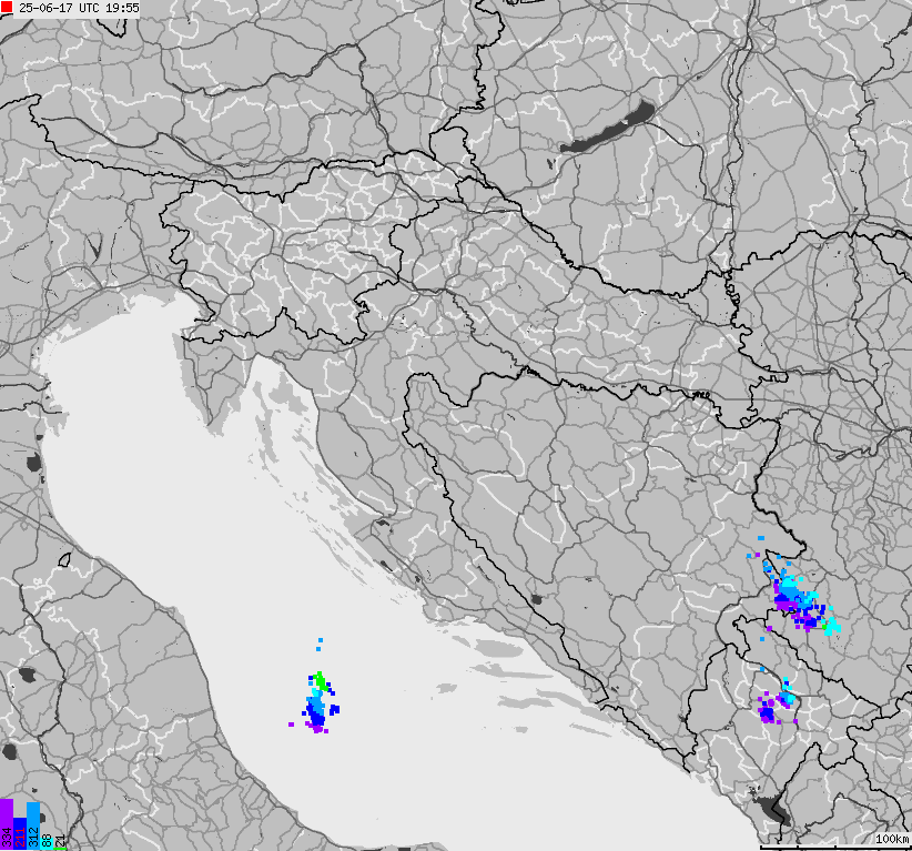 Mapa wyładowań atmosferycznych na obszarze Bośni i Hercegowiny, Chorwacji, Słowenii