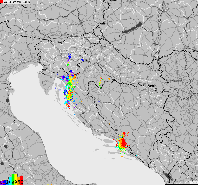 Map of lightnings across Bosnia and Herzegovina, Croatia, Slovenia