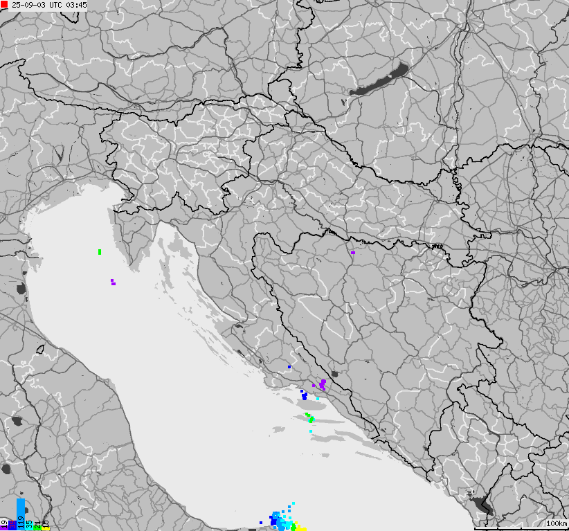 Mapa wyładowań atmosferycznych na obszarze Bośni i Hercegowiny, Chorwacji, Słowenii