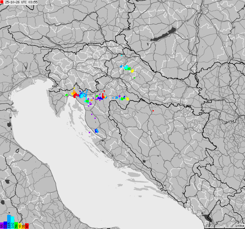 Mapa wyładowań atmosferycznych na obszarze Bośni i Hercegowiny, Chorwacji, Słowenii