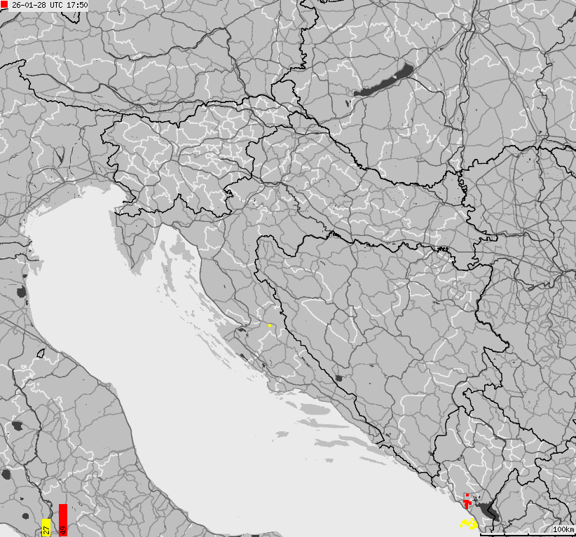Map of lightnings across Bosnia and Herzegovina, Croatia, Slovenia