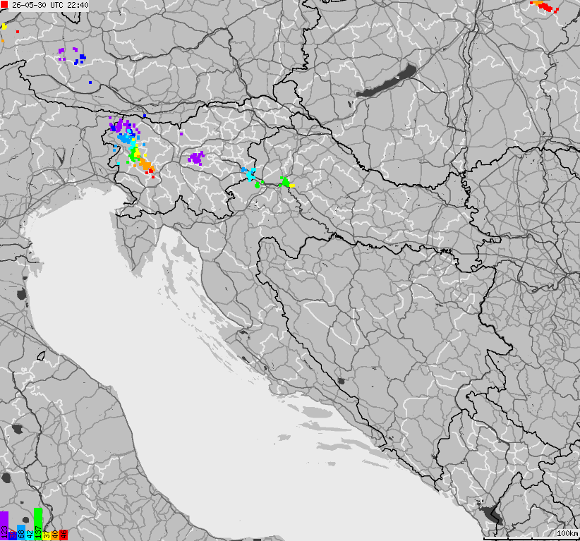 Map of lightnings across Bosnia and Herzegovina, Croatia, Slovenia