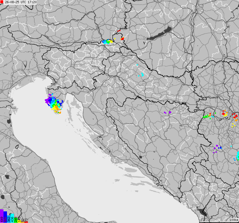 Map of lightnings across Bosnia and Herzegovina, Croatia, Slovenia