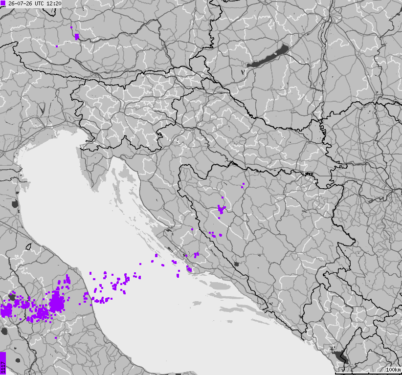 Map of lightnings across Bosnia and Herzegovina, Croatia, Slovenia