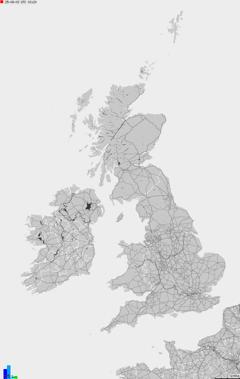 Mapa wyładowań atmosferycznych na obszarze Wysp Brytyjskich
