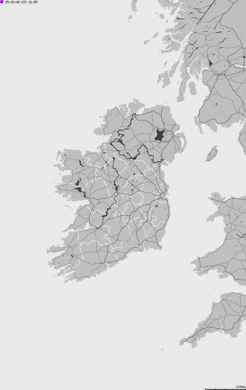 Mapa wyładowań atmosferycznych na obszarze Wysp Brytyjskich