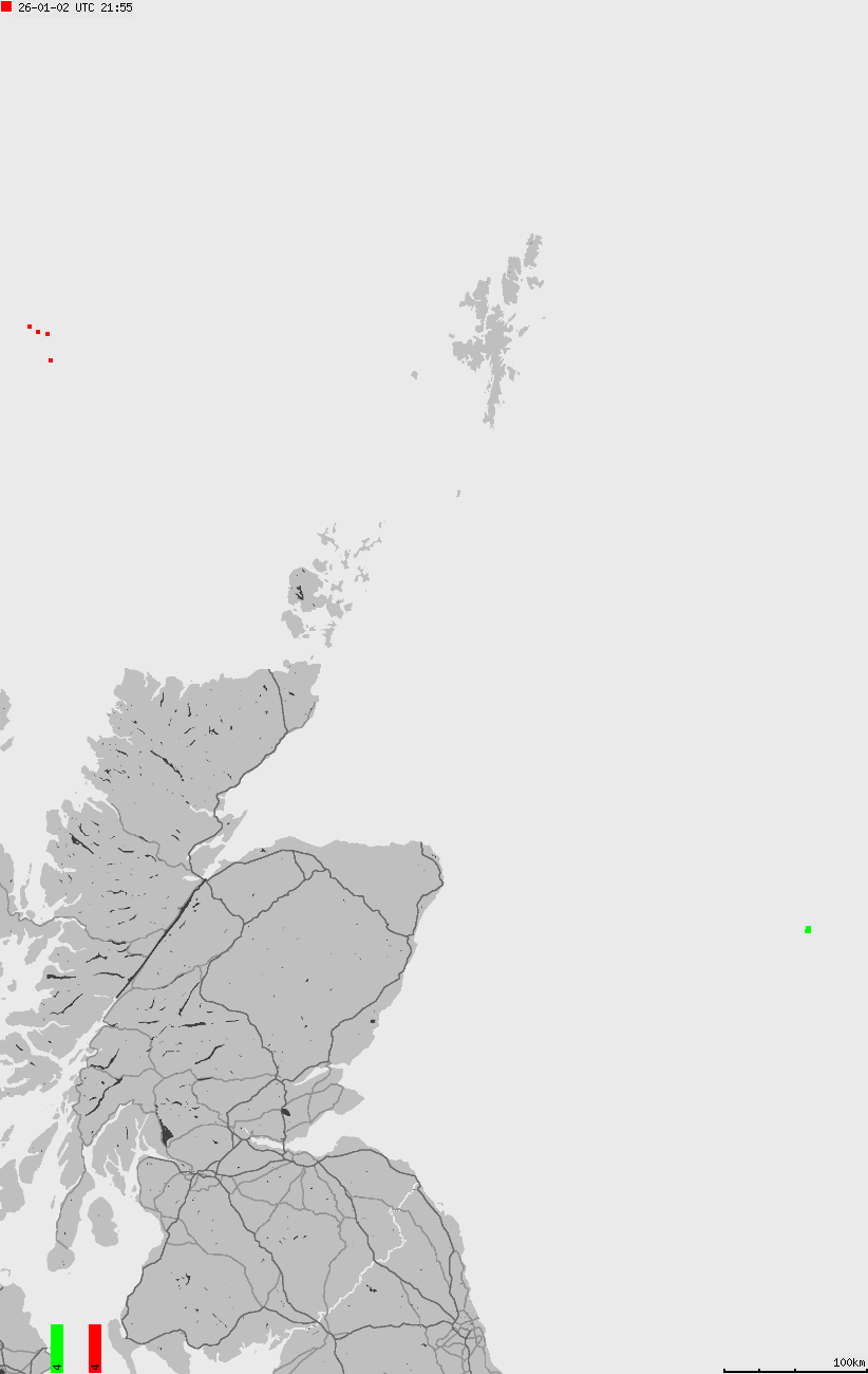 Mapa wyładowań atmosferycznych na obszarze Wysp Brytyjskich